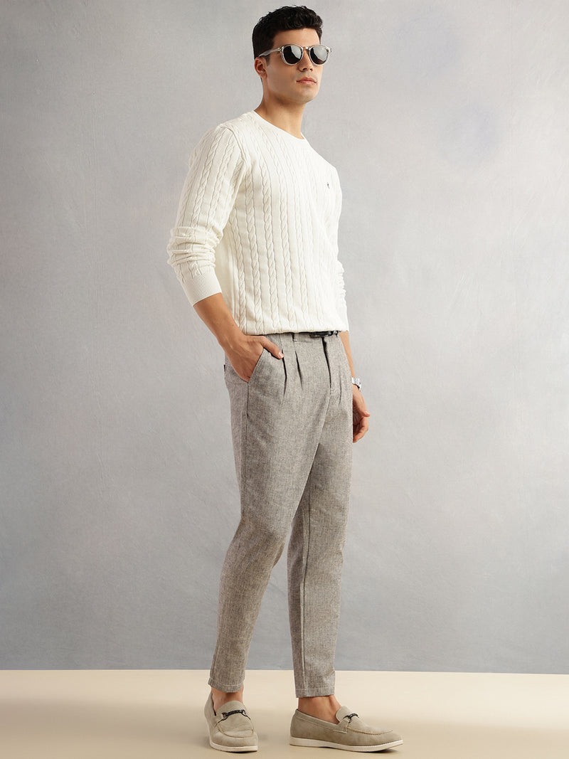Thomas Scott Men Grey Regular Fit Mid-Rise Solid Linen Pleated Woven Chinos Trouser