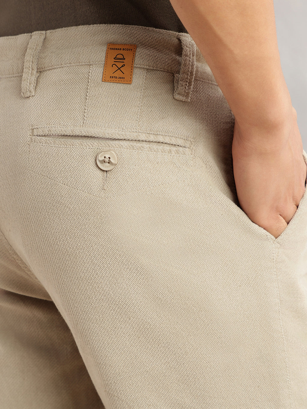 Thomas Scott Men Fawn Regular Fit Mid-Rise Self Texture Cross Corduroy Trouser