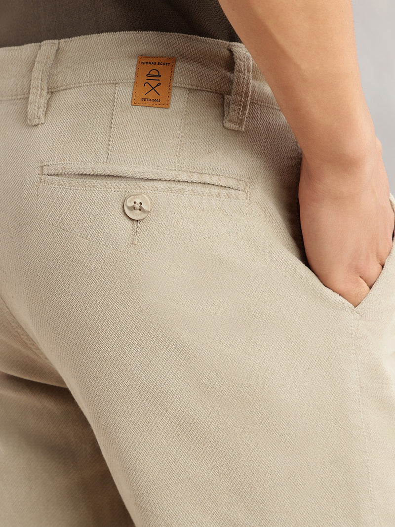 Thomas Scott Men Fawn Regular Fit Mid-Rise Self Texture Cross Corduroy Trouser