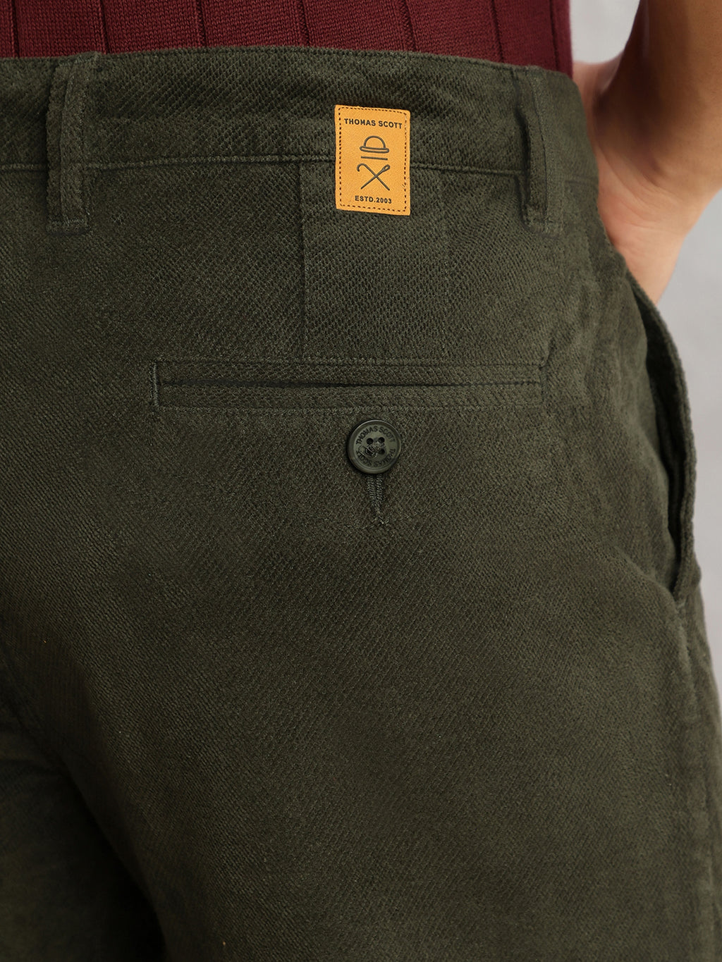 Thomas Scott Men Olive Regular Fit Mid-Rise Self Texture Cross Corduroy Trouser