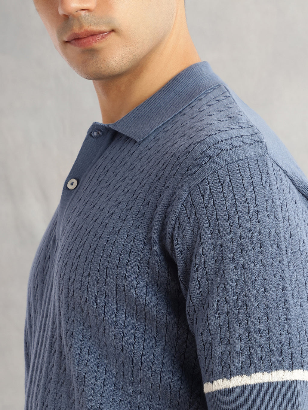 Thomas Scott Men Blue Regular Fit Short Sleeves Self Design 100% Cotton Polo Collar Knitted Tshirt