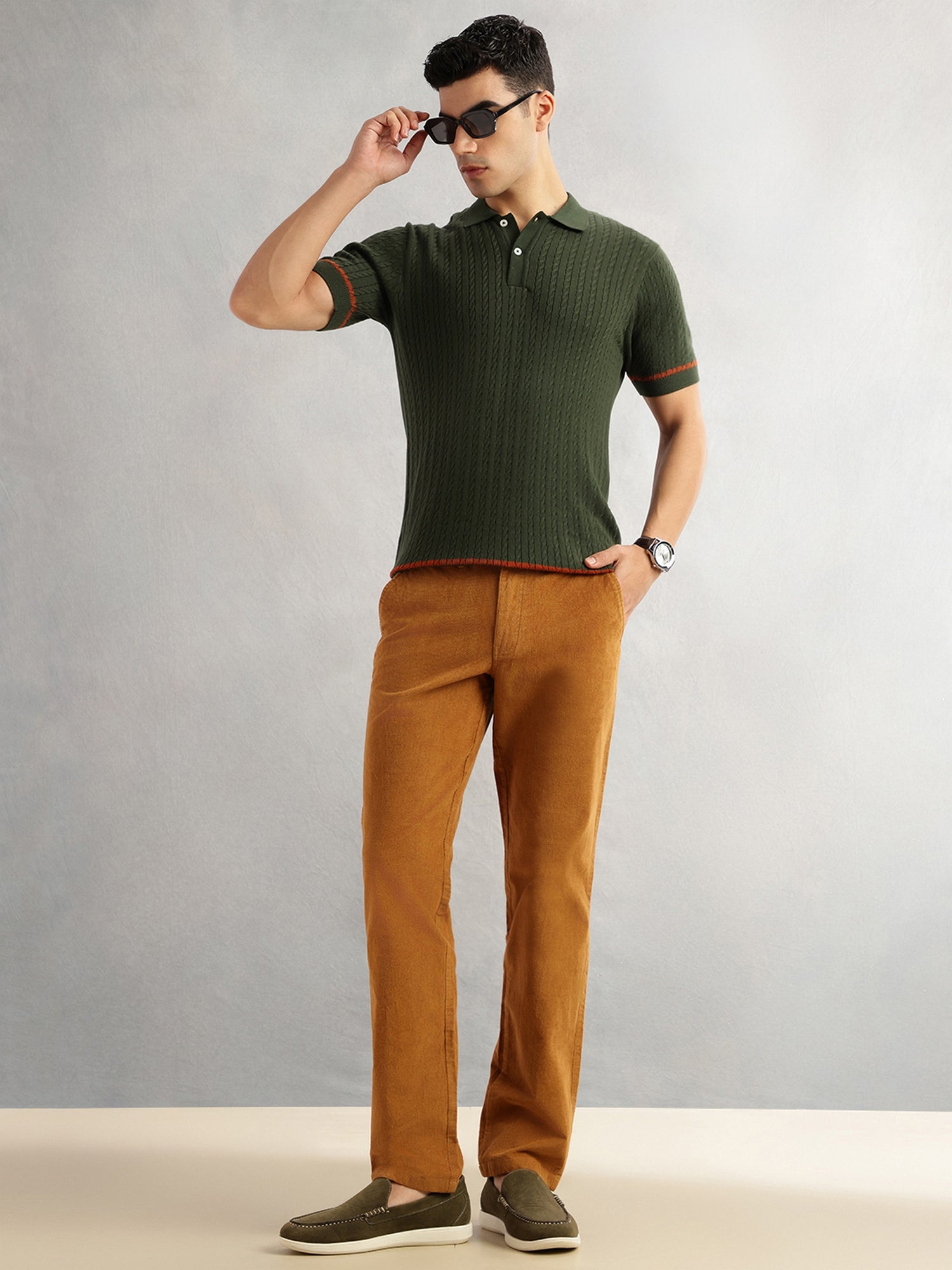 Thomas Scott Men Olive Regular Fit Short Sleeves Self Design 100% Cotton Polo Collar Knitted Tshirt