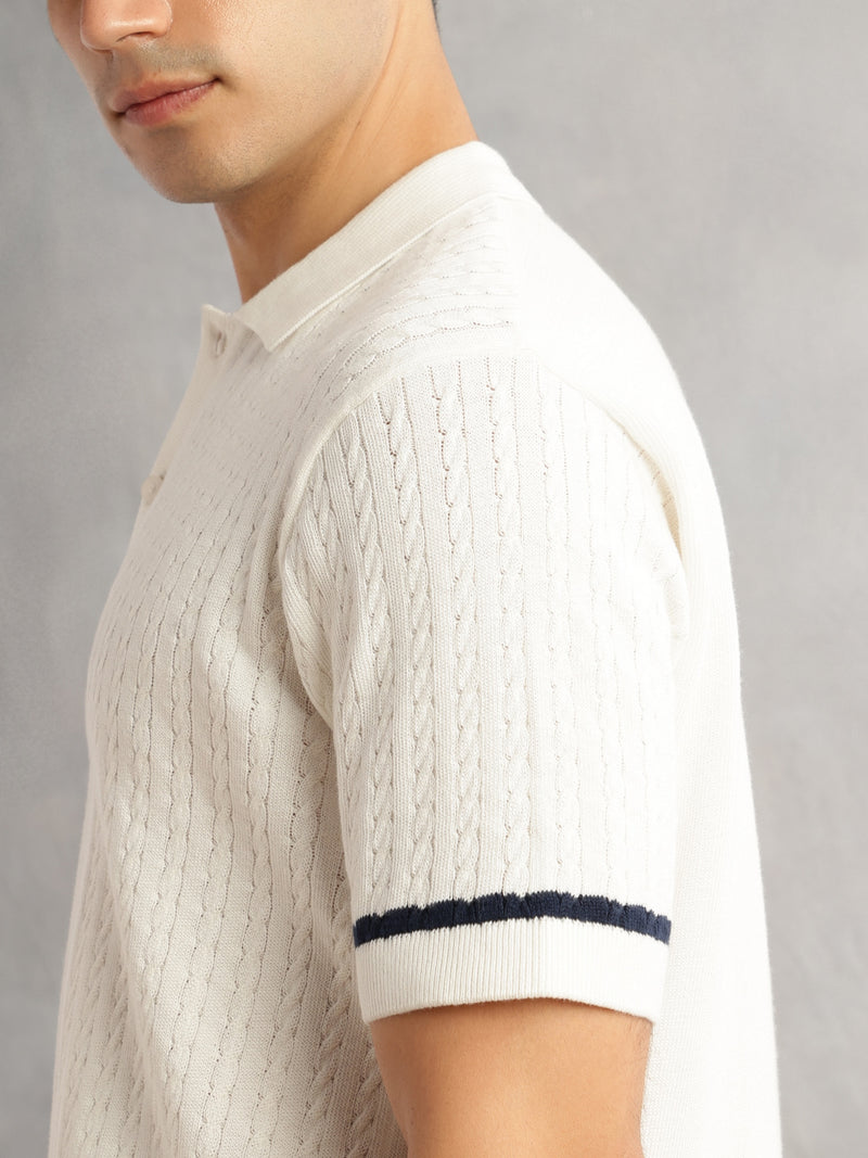 Thomas Scott Men White Regular Fit Short Sleeves Self Design 100% Cotton Polo Collar Knitted Tshirt