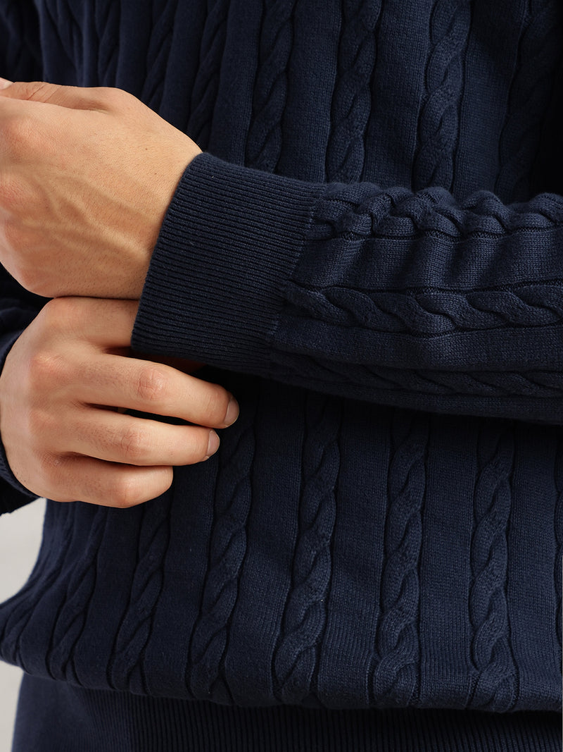 Thomas Scott Men Navy Regular Fit Long Sleeves Self Design 100% Cotton Polo Collar Knitted Tshirt