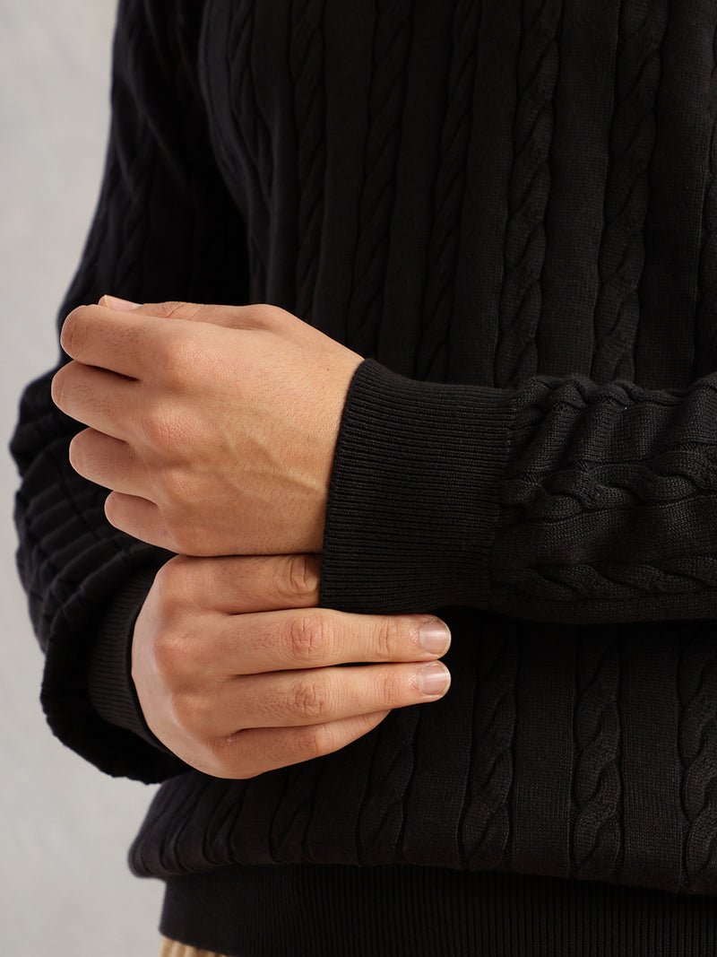 Thomas Scott Men Black Regular Fit Long Sleeves Round Neck Self Design 100% Cotton Cable Knitted Pullover Sweater