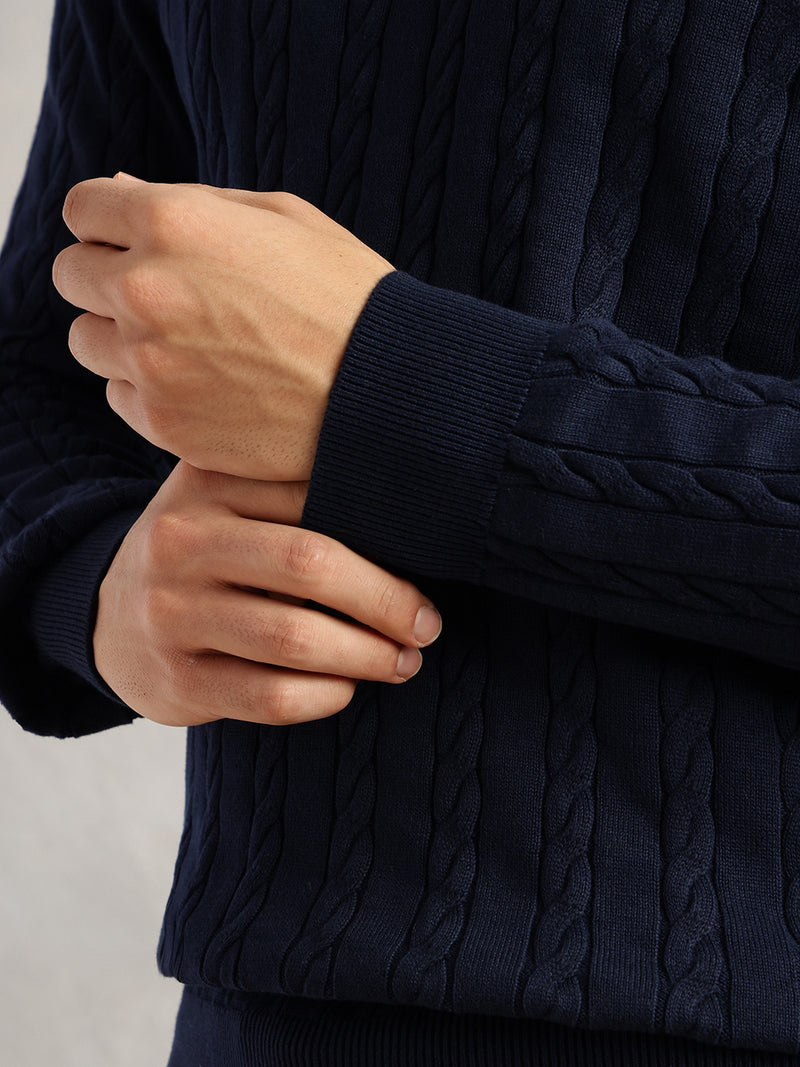 Thomas Scott Men Navy Regular Fit Long Sleeves Round Neck Self Design 100% Cotton Cable Knitted Pullover Sweater