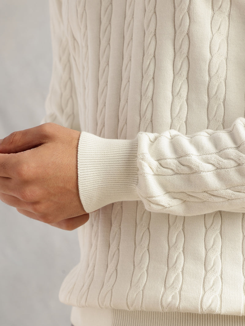 Thomas Scott Men White Regular Fit Long Sleeves Round Neck Self Design 100% Cotton Cable Knitted Pullover Sweater