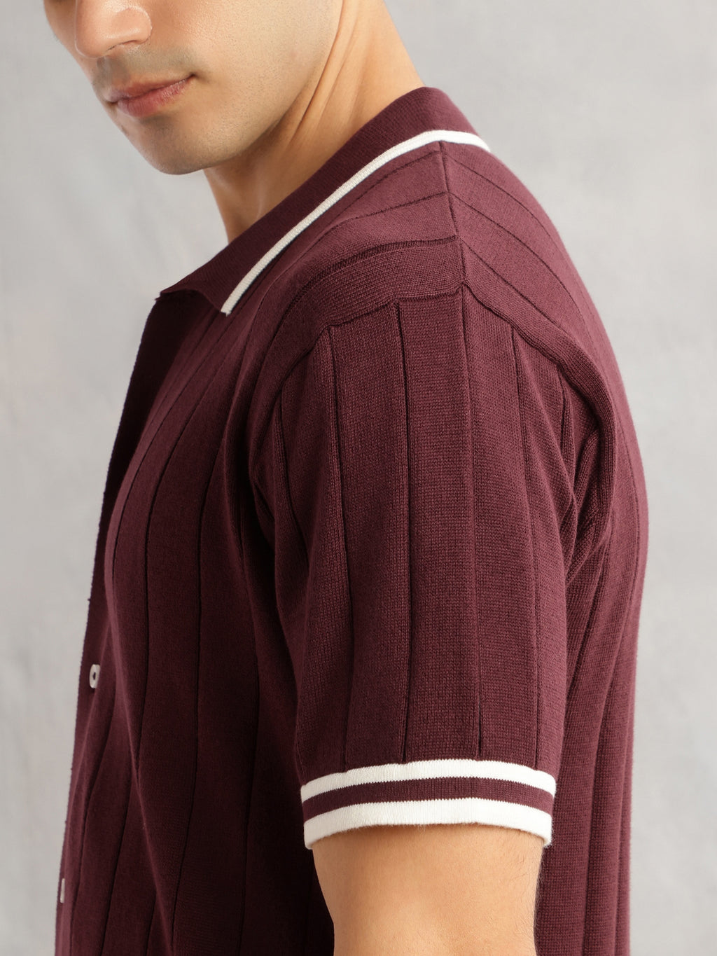 Thomas Scott Men Maroon Regular Fit Short Sleeves Striped 100% Cotton Knitted Cardigan Sweater