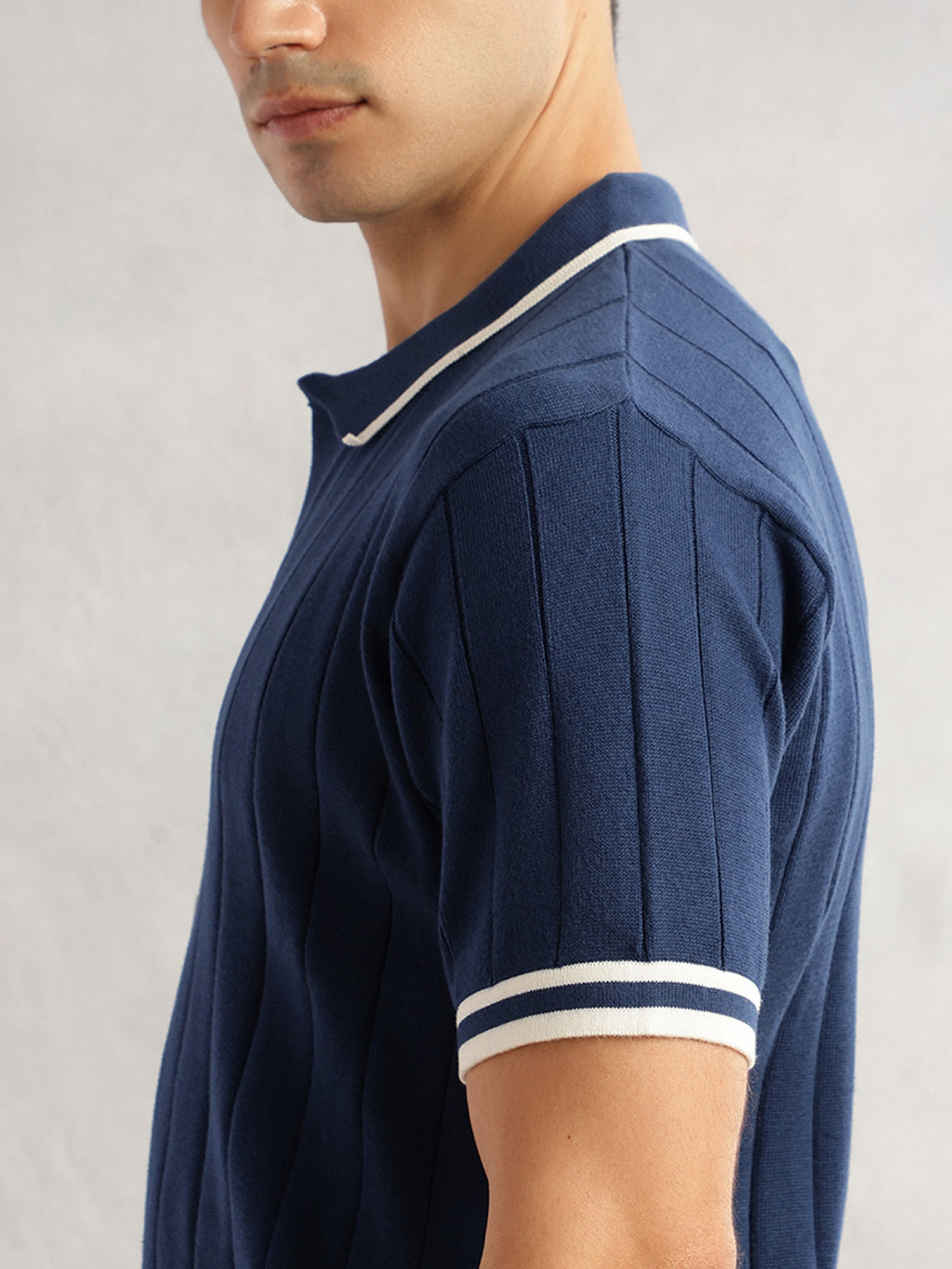 Thomas Scott Men Navy Regular Fit Short Sleeves Striped 100% Cotton Knitted Cardigan Sweater