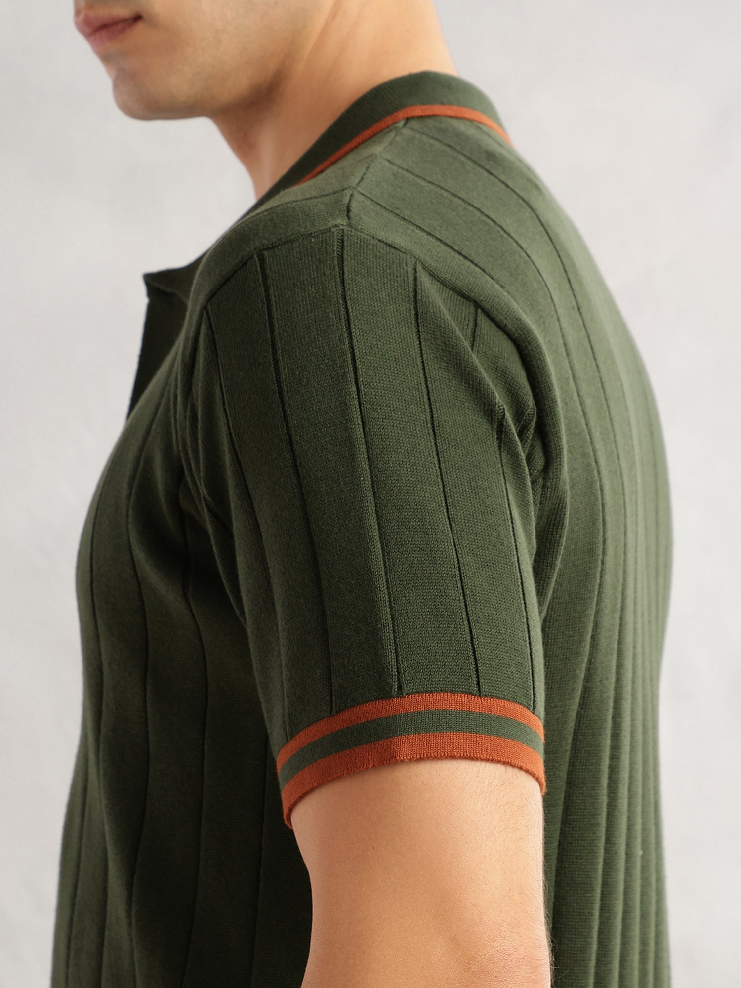 Thomas Scott Men Olive Regular Fit Short Sleeves Striped 100% Cotton Knitted Cardigan Sweater