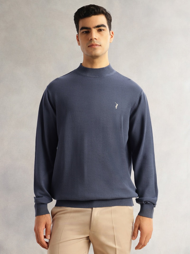 Thomas Scott Men Navy Regular Fit Long Sleeves Turtle Neck 100% Cotton Solid Knitted Pullover Sweater