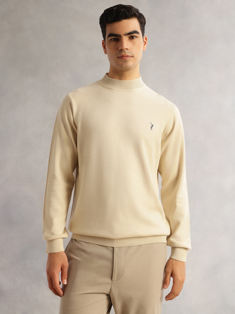 Thomas Scott Men OffWhite Regular Fit Long Sleeves Turtle Neck 100% Cotton Solid Knitted Pullover Sweater