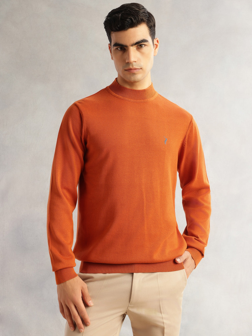 Thomas Scott Men Rust Regular Fit Long Sleeves Turtle Neck 100% Cotton Solid Knitted Pullover Sweater