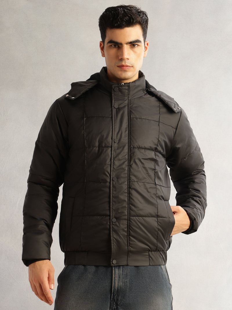 Thomas Scott Men Black Regular Fit Long Sleeves 2 Pockets Polyester Knitted Hooded Puffer Jacket