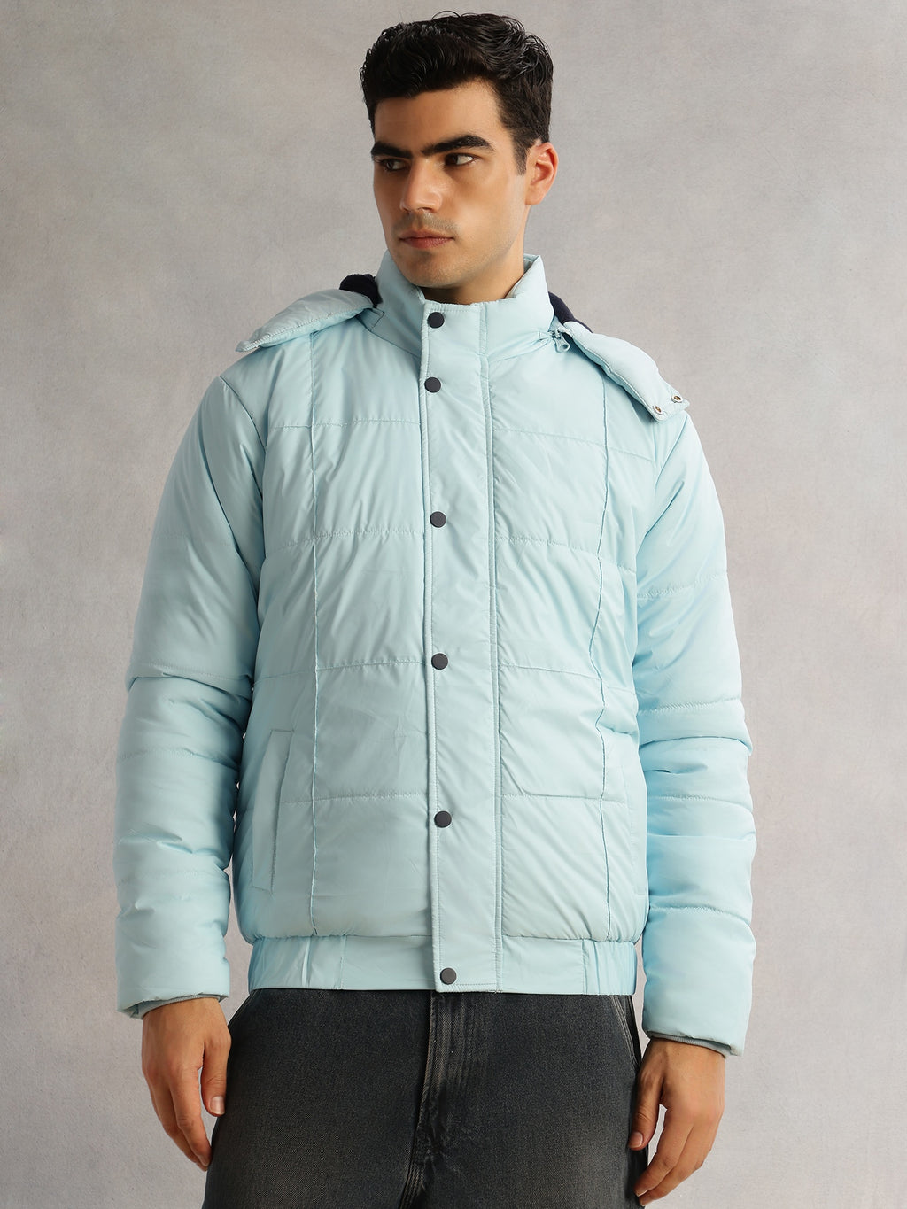 Thomas Scott Men SkyBlue Regular Fit Long Sleeves 2 Pockets Polyester Knitted Hooded Puffer Jacket