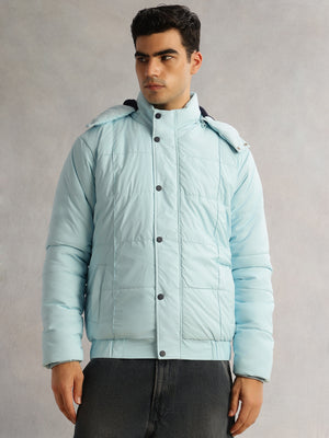 Thomas Scott Men SkyBlue Regular Fit Long Sleeves 2 Pockets Polyester Knitted Hooded Puffer Jacket