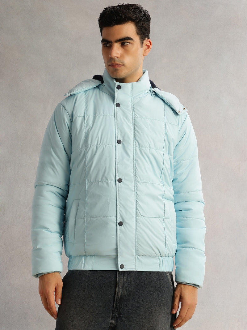 Thomas Scott Men SkyBlue Regular Fit Long Sleeves 2 Pockets Polyester Knitted Hooded Puffer Jacket