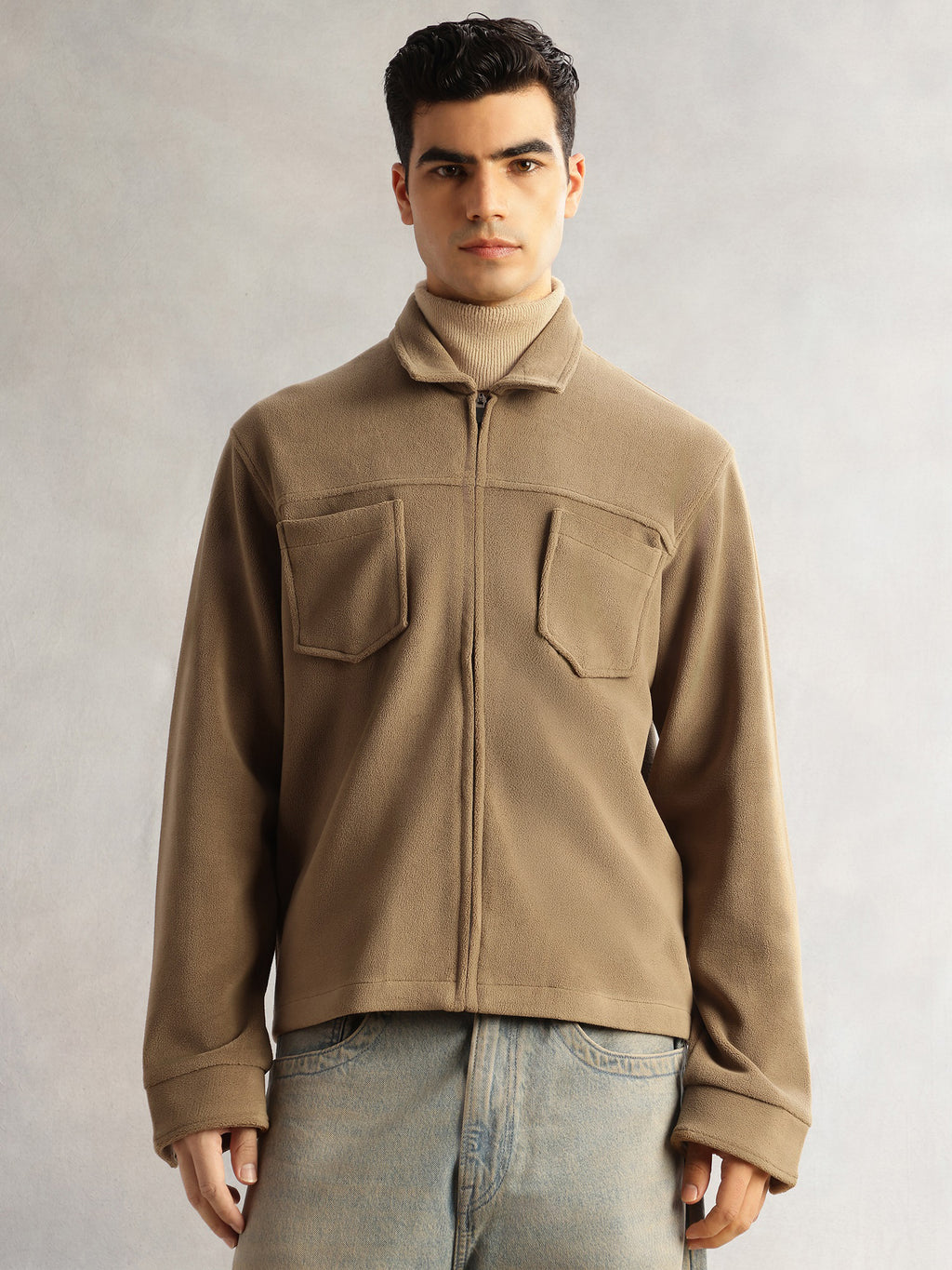 Thomas Scott Men Beige Regular Fit Long Sleeves Solid Polyester Knitted Open-Front Jacket