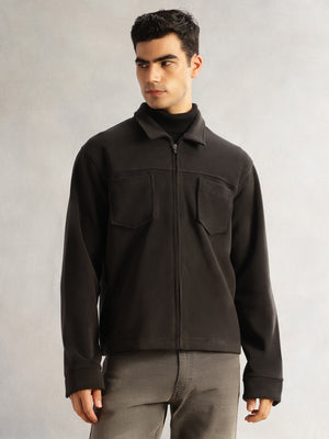 Thomas Scott Men Black Regular Fit Long Sleeves Self Design Polyester Knitted Open-Front Jacket
