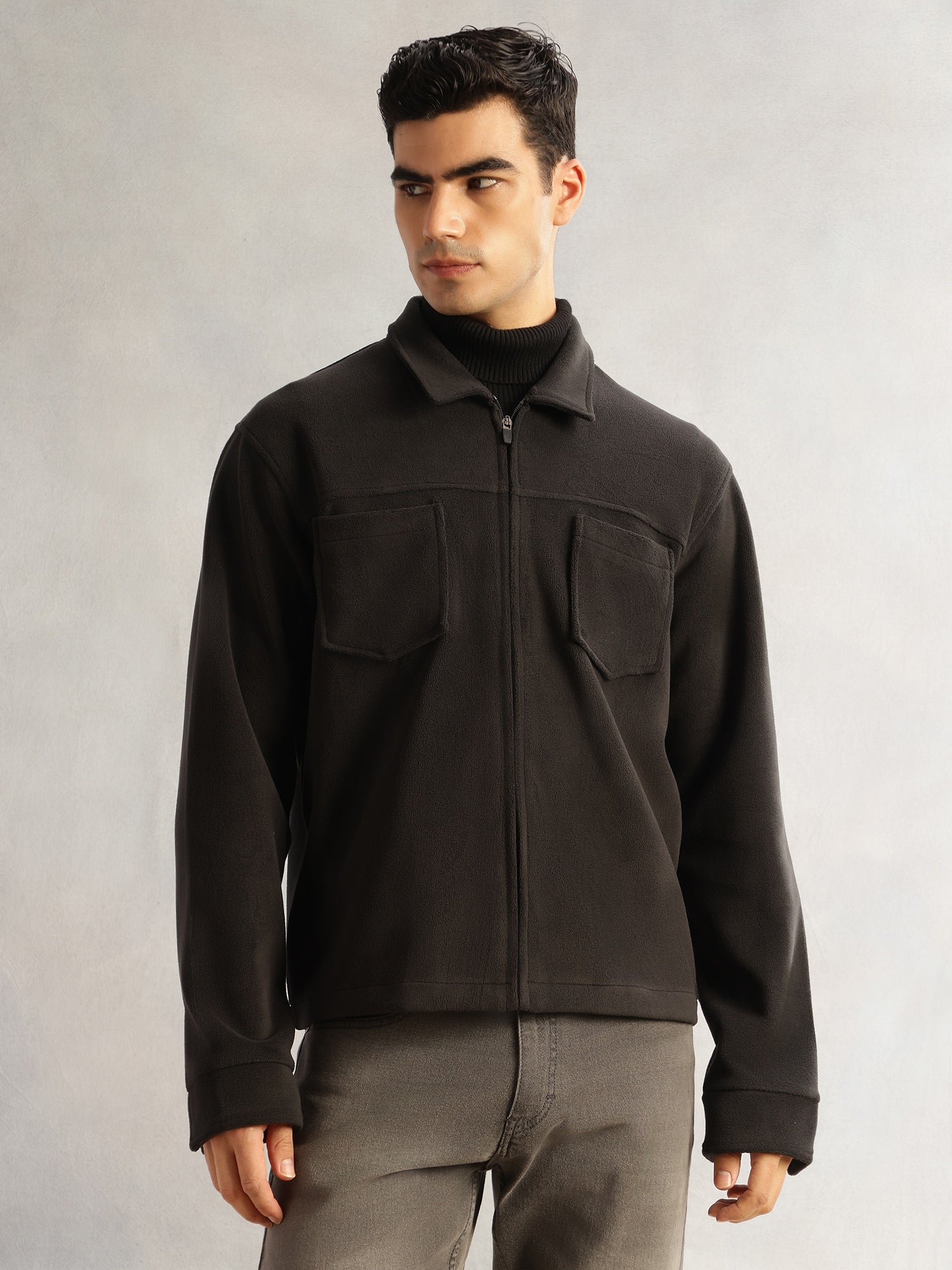 Thomas Scott Men Black Regular Fit Long Sleeves Self Design Polyester Knitted Open-Front Jacket