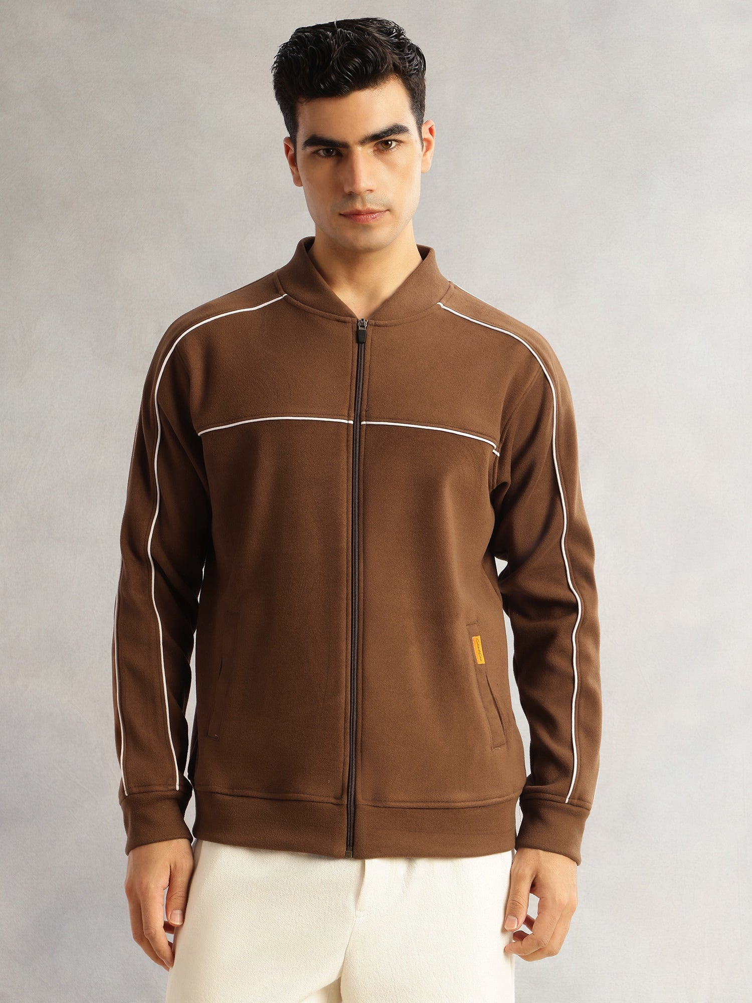 Thomas Scott Men Brown Regular Fit Long Sleeves Mandarin Collar Self Design Dry Clean Polyester Knitted Open-Front Jacket