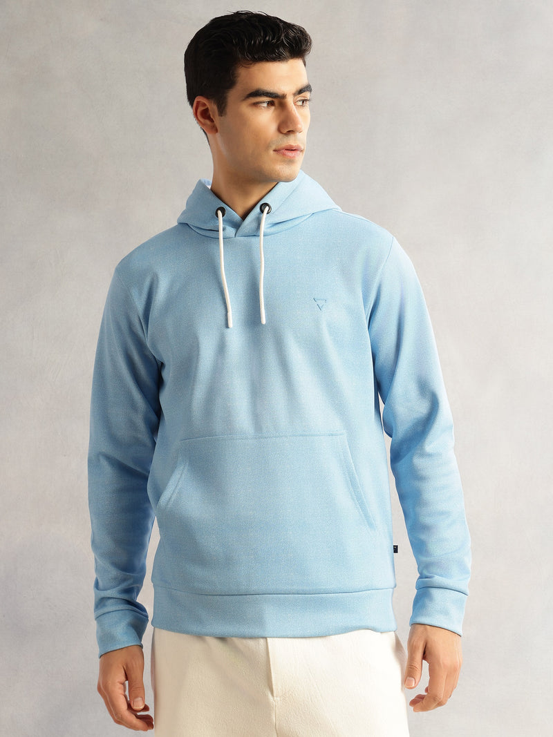 Thomas Scott Men Blue Regular Fit Long Sleeves Solid Polyester Knitted Pullover Hooded Sweatshirt