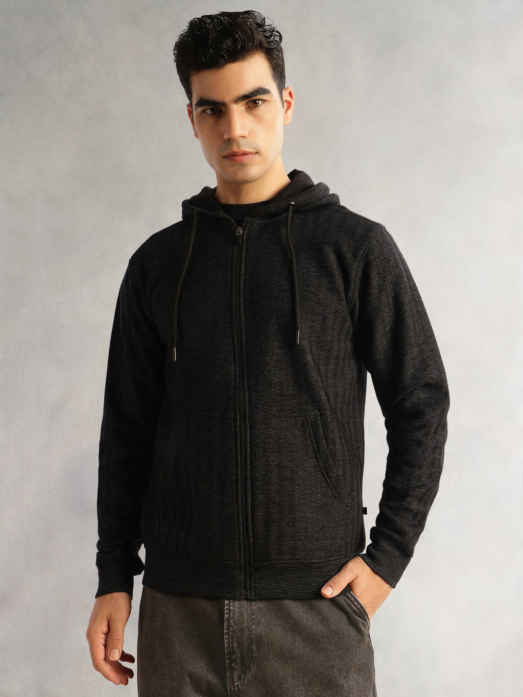 Thomas Scott Men Black Regular Fit Long Sleeves 2 Pockets Front-Open Knitted Hooded Sweatshirt