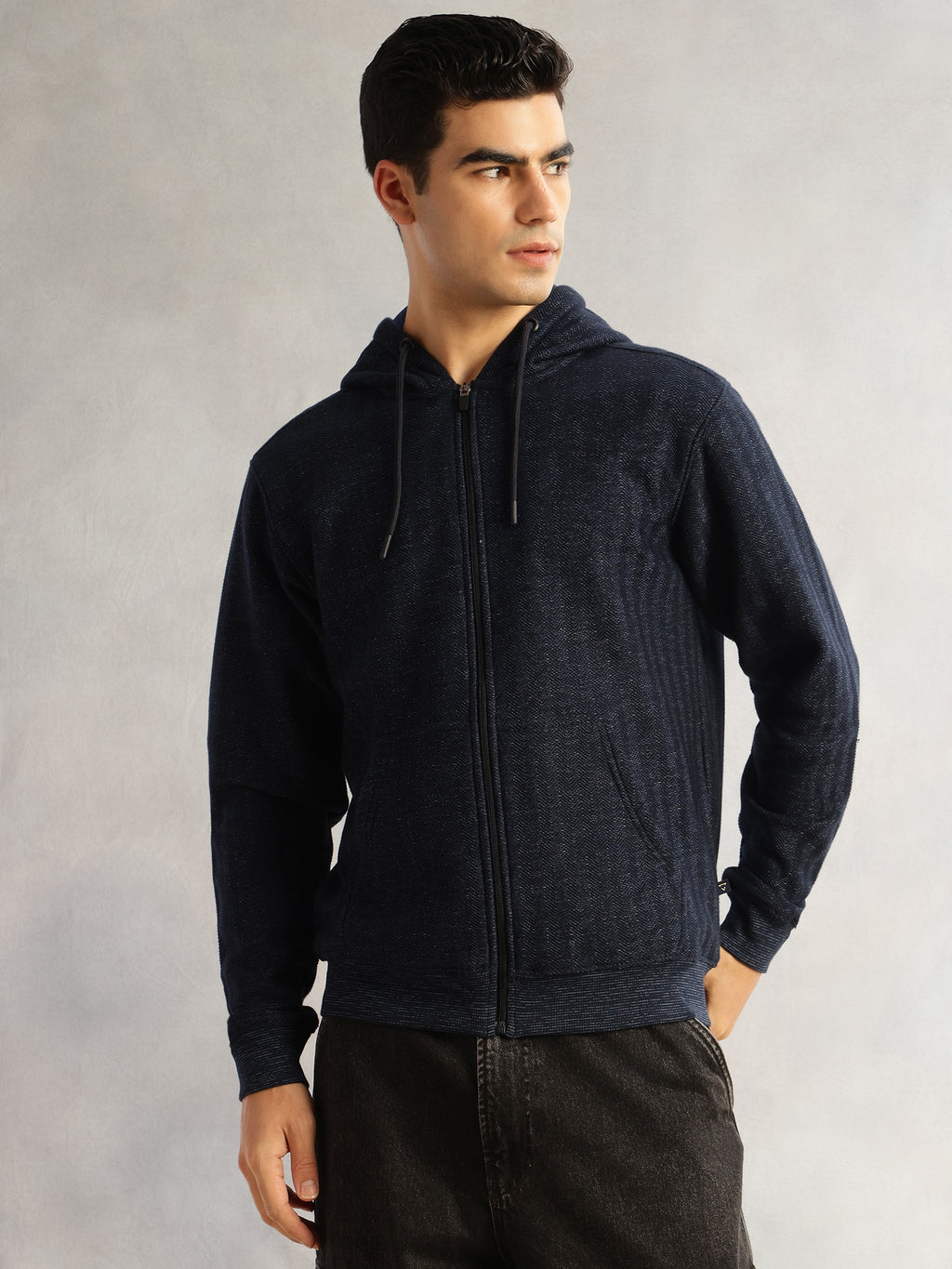 Thomas Scott Men Navy Regular Fit Long Sleeves 2 Pockets Front-Open Knitted Hooded Sweatshirt
