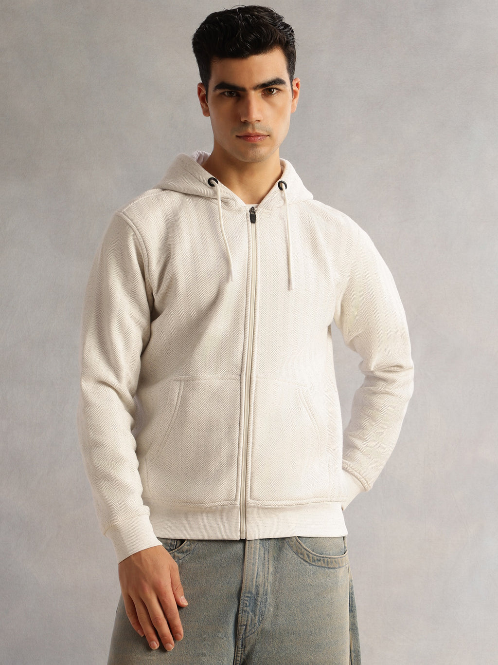 Thomas Scott Men White Regular Fit Long Sleeves 2 Pockets Front-Open Knitted Hooded Sweatshirt