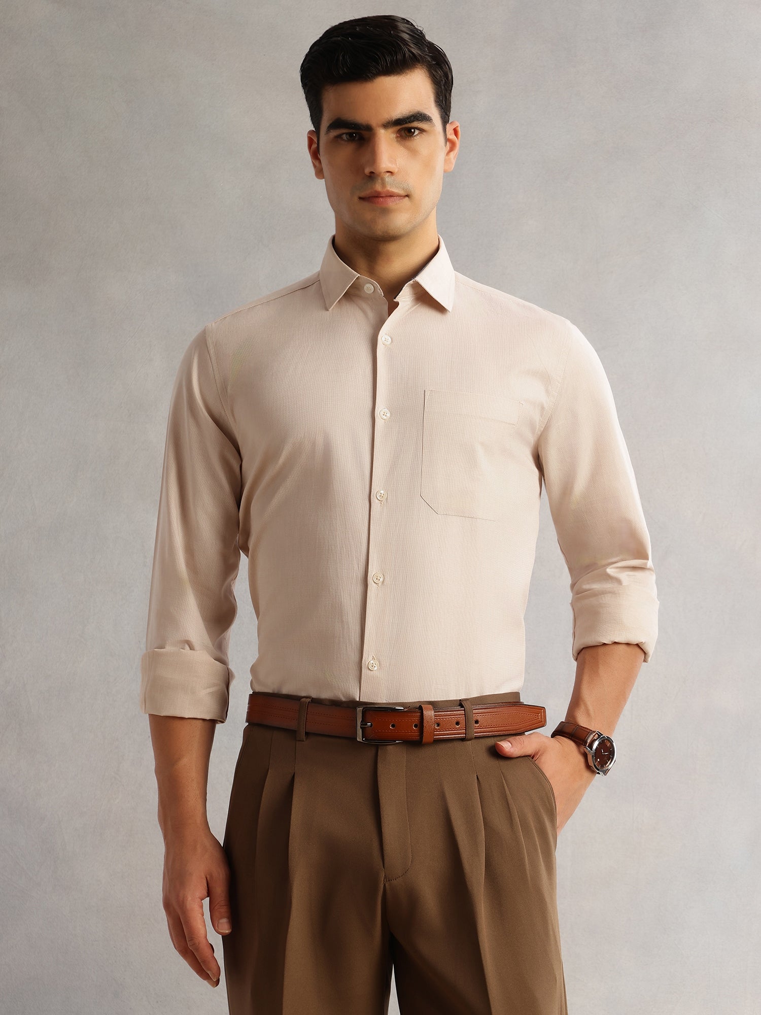 Thomas Scott Men Beige Regular Fit Long Sleeves Cutaway Collar 100% Cotton Filafil Formal Shirt