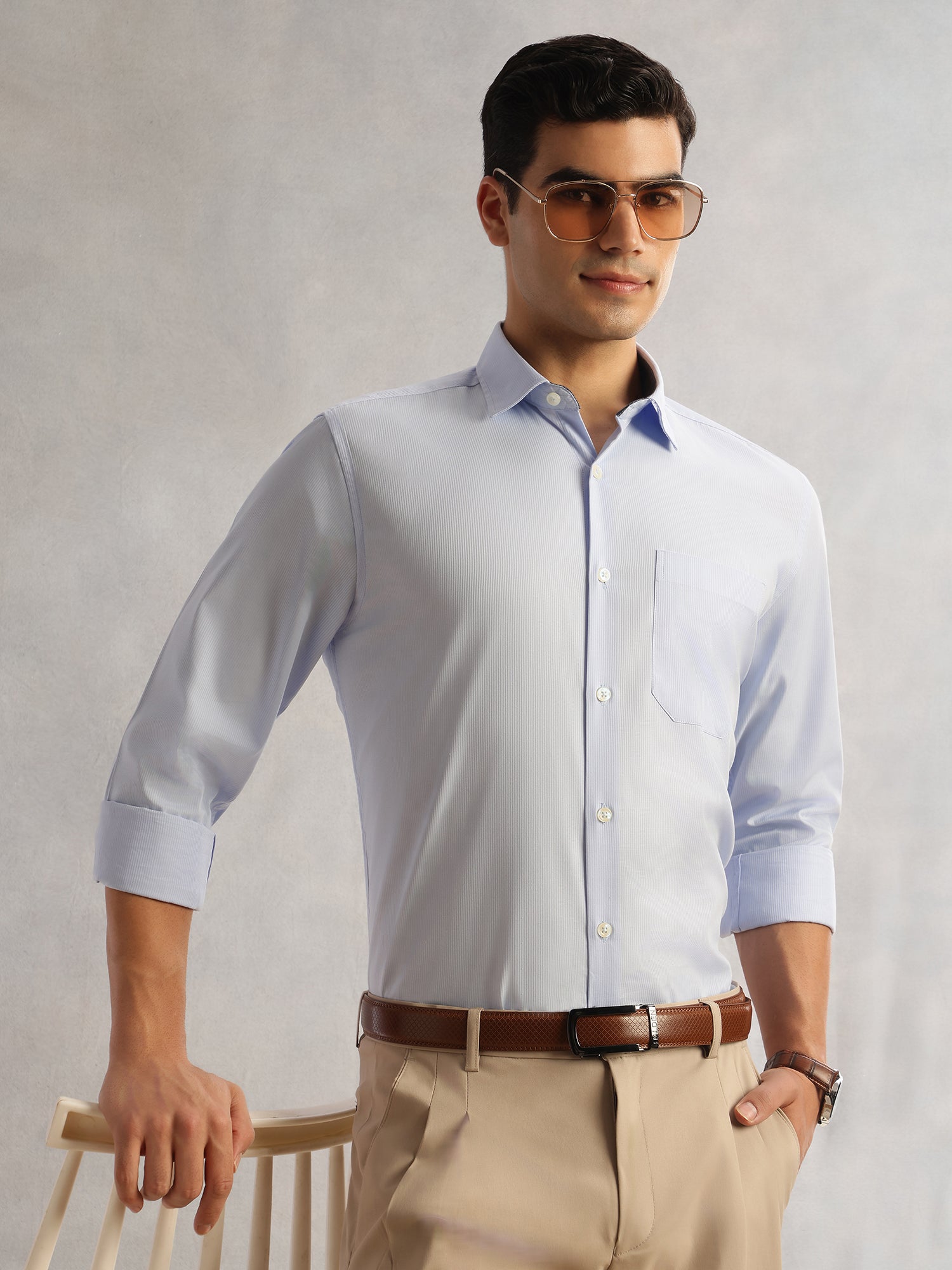 Thomas Scott Men Blue Regular Fit Long Sleeves Cutaway Collar 100% Cotton Dobby Formal Shirt