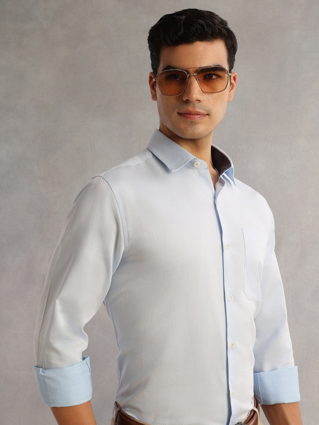 Thomas Scott Men Light Blue Regular Fit Long Sleeves Cutaway Collar 100% Cotton Dobby Formal Shirt