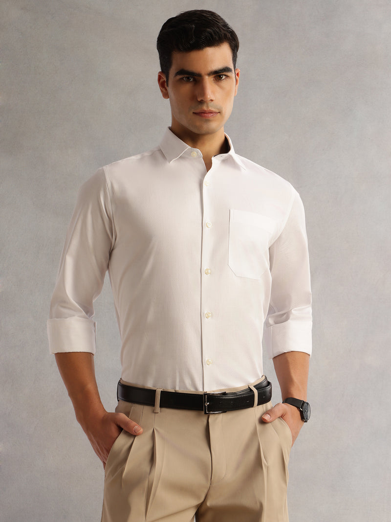 Thomas Scott Men White Regular Fit Long Sleeves Cutaway Collar 100% Cotton Dobby Formal Shirt