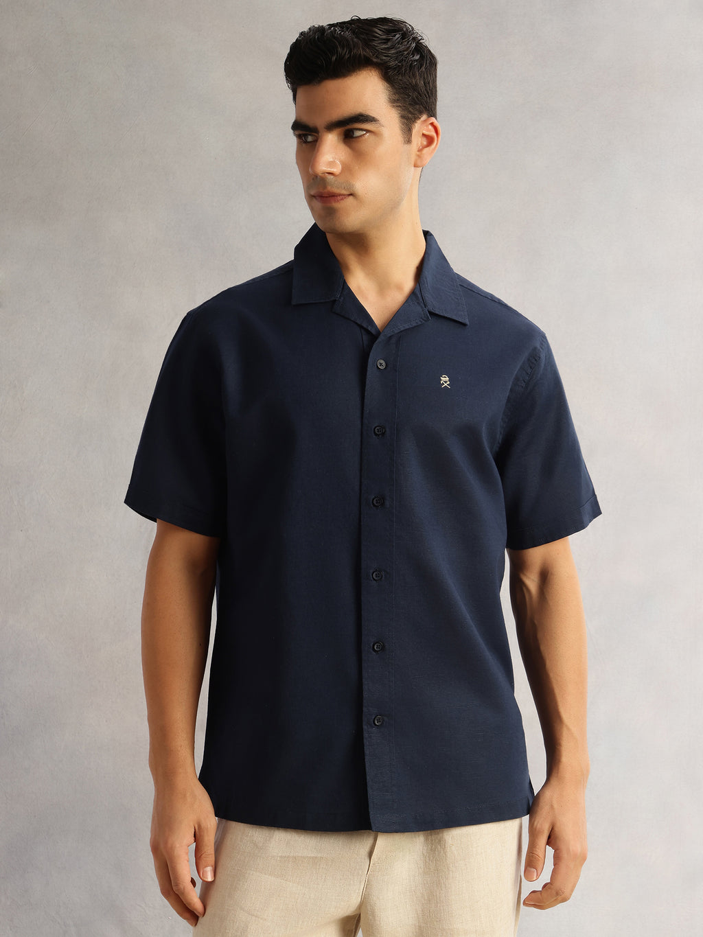 Thomas Scott Men Navy Oversized Fit Short Sleeves Cuban Collar Solid Cotton Linen Casual Shirt