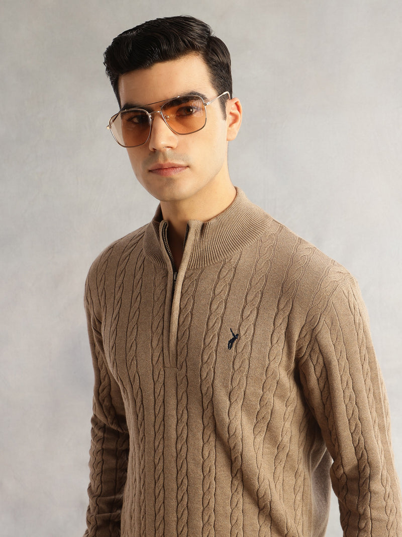 Thomas Scott Men Beige Regular Fit Long Sleeves Mock Collar Cable Knitted Pullover Sweater