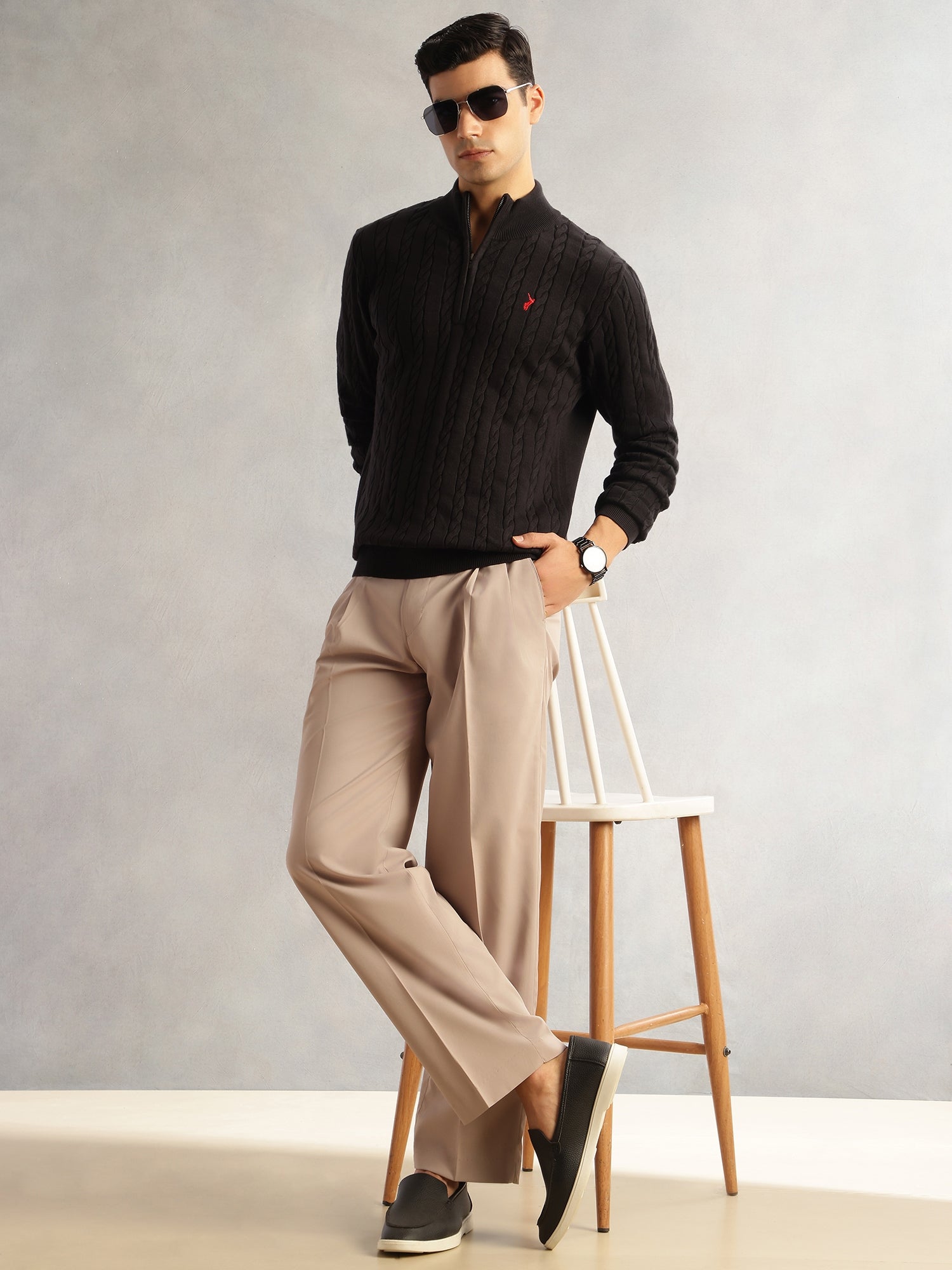 Thomas Scott Men Black Regular Fit Long Sleeves Mock Collar Cable Knitted Pullover Sweater
