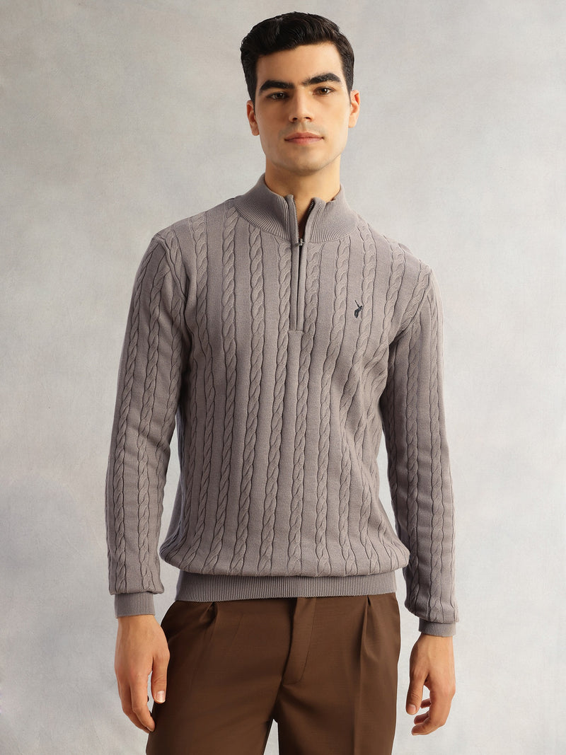 Thomas Scott Men Grey Regular Fit Long Sleeves Mock Collar Cable Knitted Pullover Sweater