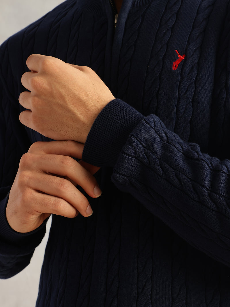Thomas Scott Men Navy Regular Fit Long Sleeves Mock Collar Cable Knitted Pullover Sweater