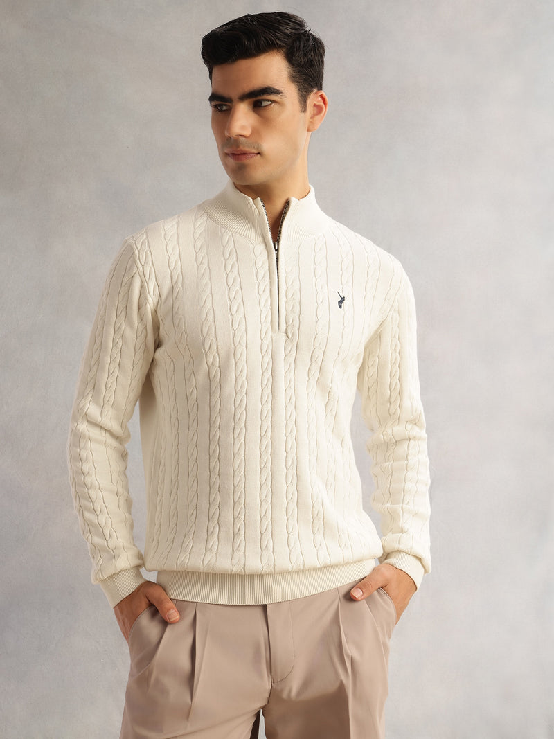 Thomas Scott Men White Regular Fit Long Sleeves Mock Collar Cable Knitted Pullover Sweater