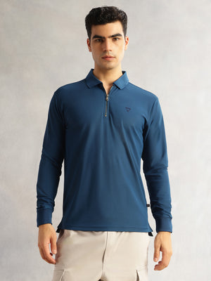 Thomas Scott Men Rama Blue Regular Fit Long Sleeves Solid Polyester Knitted Polo Collar T-shirt