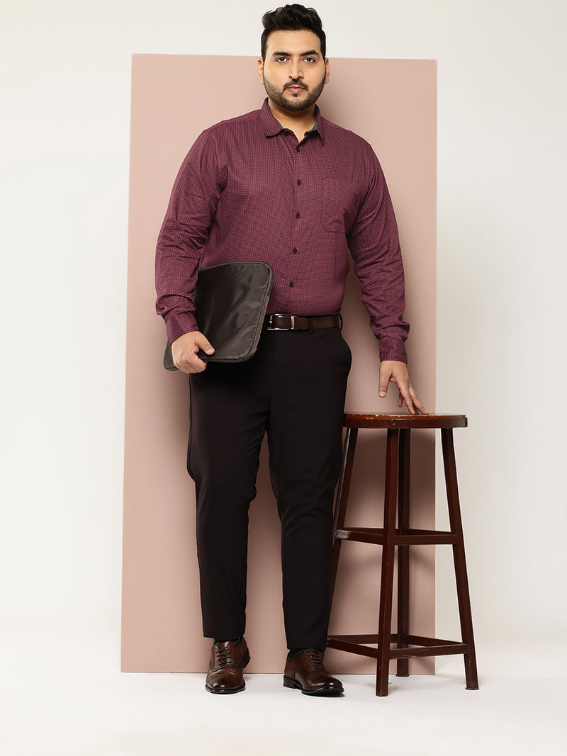 Thomas Scott Men Wine Plus Size Regular Fit Long Sleeves Cutaway Collar Geometric Printed 100% Cotton Satin Formal Shirt