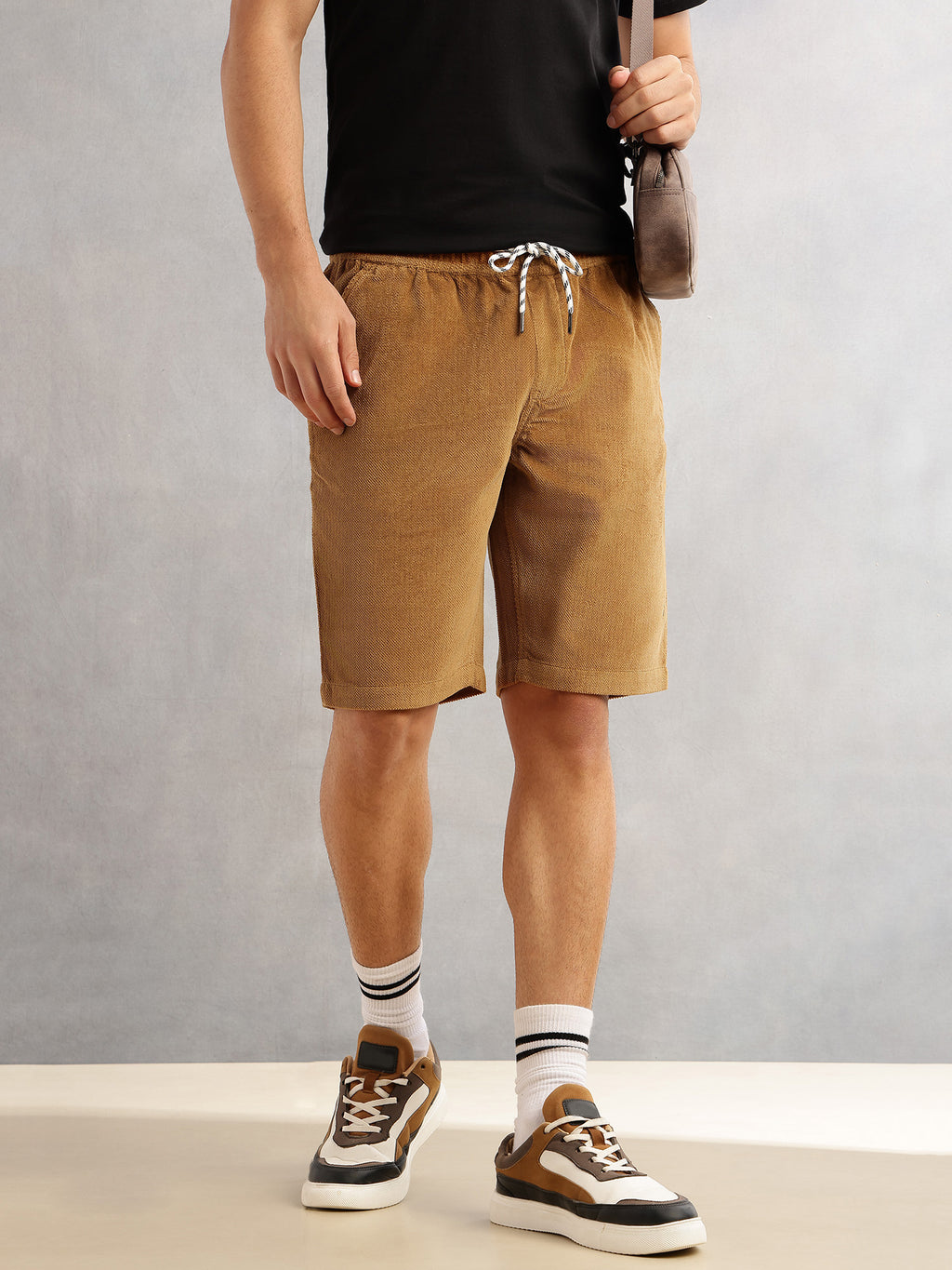 Thomas Scott Men Sand Regular Fit Mid-Rise Corduroy Casual Shorts