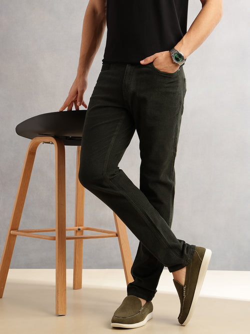 Thomas Scott Men Olive Regular Fit Mid-Rise 5 Pockets Gabbar Corduroy Chinos Trouser