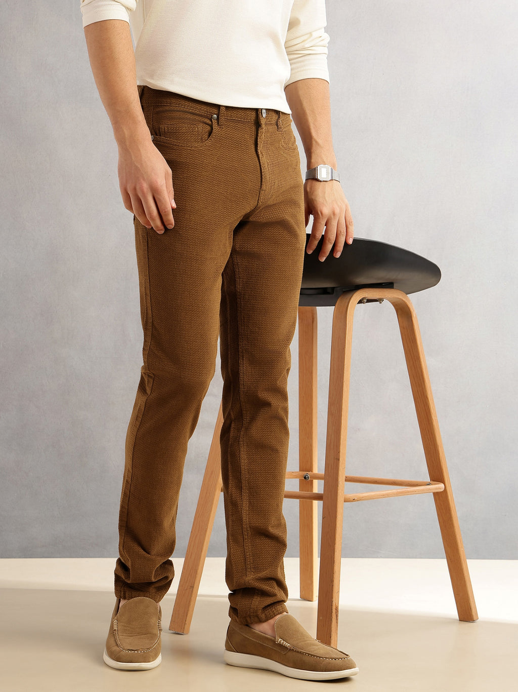 Thomas Scott Men Tan Regular Fit Mid-Rise 5 Pockets Gabbar Corduroy Chinos Trouser