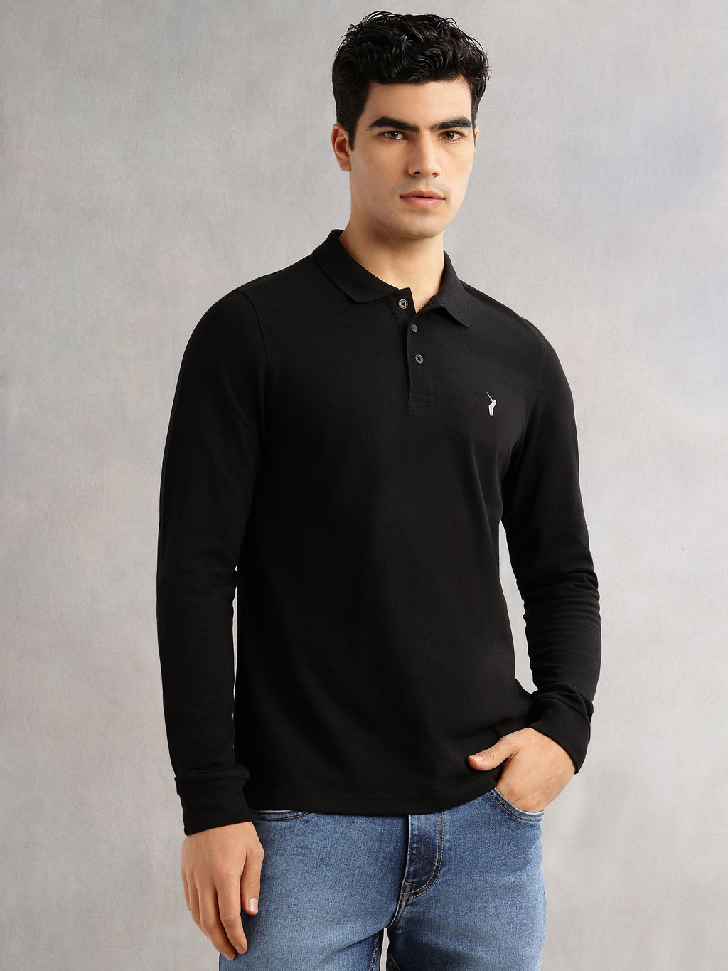 Thomas Scott Men Black Regular Fit Long Sleeves Solid Polo Collar Knitted T-shirt