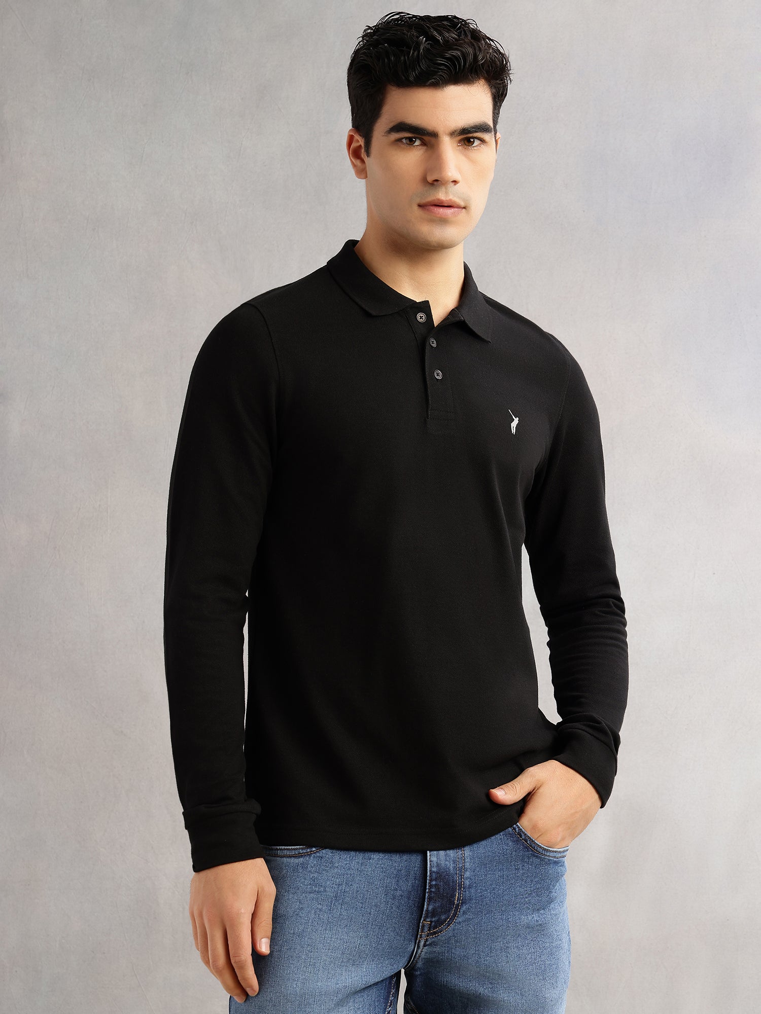 Thomas Scott Men Black Regular Fit Long Sleeves Solid Polo Collar Knitted T-shirt