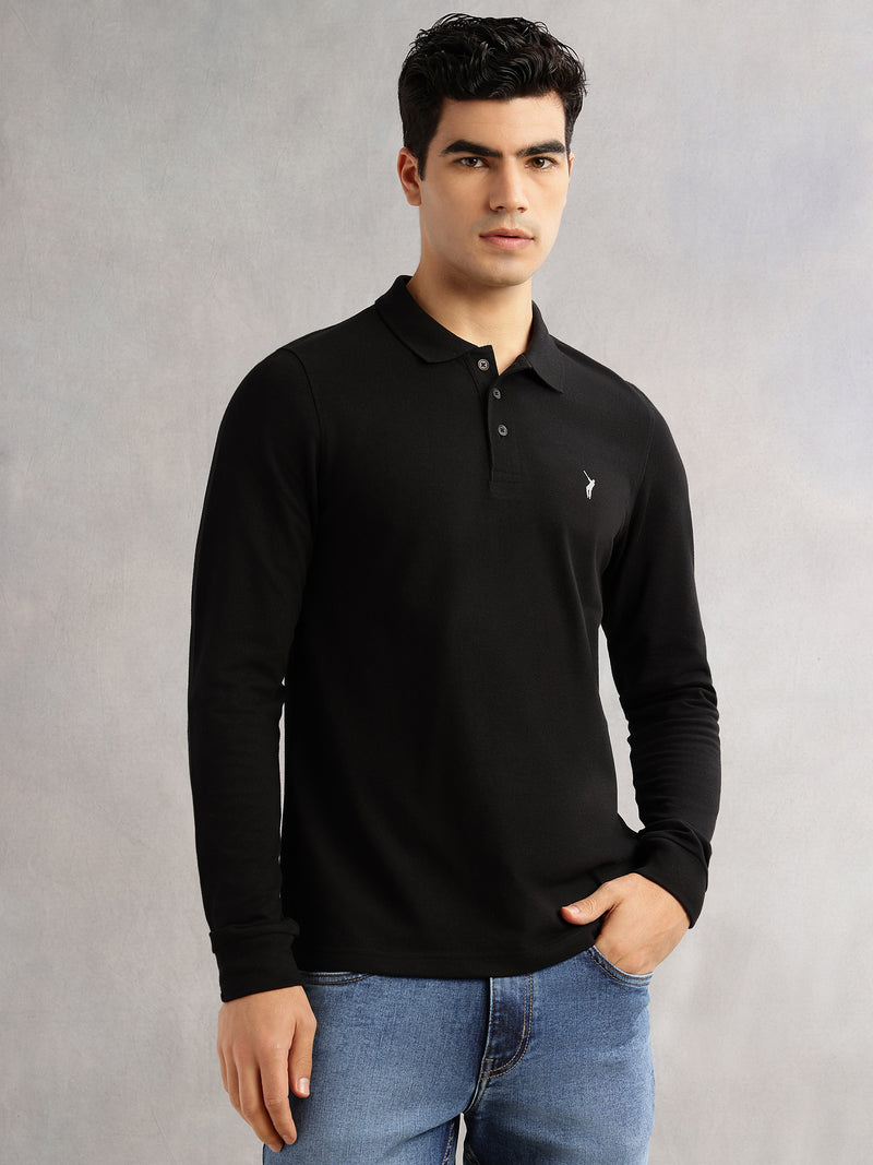 Thomas Scott Men Black Regular Fit Long Sleeves Solid Polo Collar Knitted T-shirt