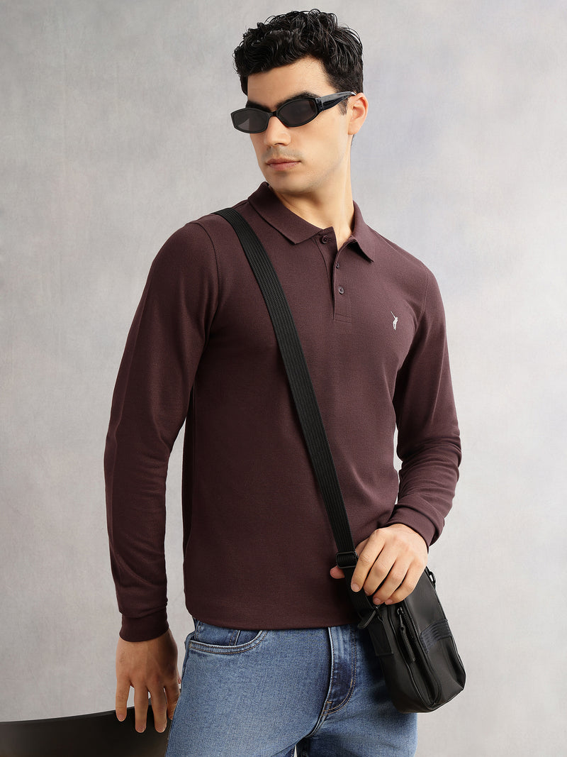 Thomas Scott Men Brown Regular Fit Long Sleeves Solid Polo Collar Knitted T-shirt