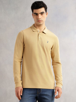 Thomas Scott Men Khaki Regular Fit Long Sleeves Solid Polo Collar Knitted T-shirt