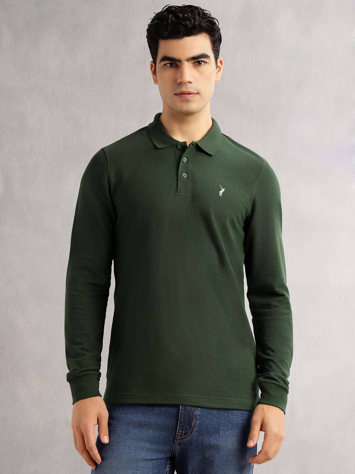 Thomas Scott Men Olive Regular Fit Long Sleeves Solid Polo Collar Knitted T-shirt